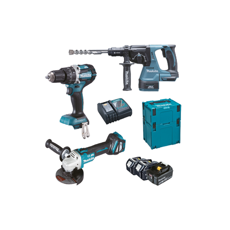 Makita DLX3119TJ Δραπανο Κρουστικο DHP484 + Πιστολετο DHR243 Τροχος DGA513 + Μπαταριες 3XBL1850B + Φορτιστης DC18RC + 2 Βαλιτσες